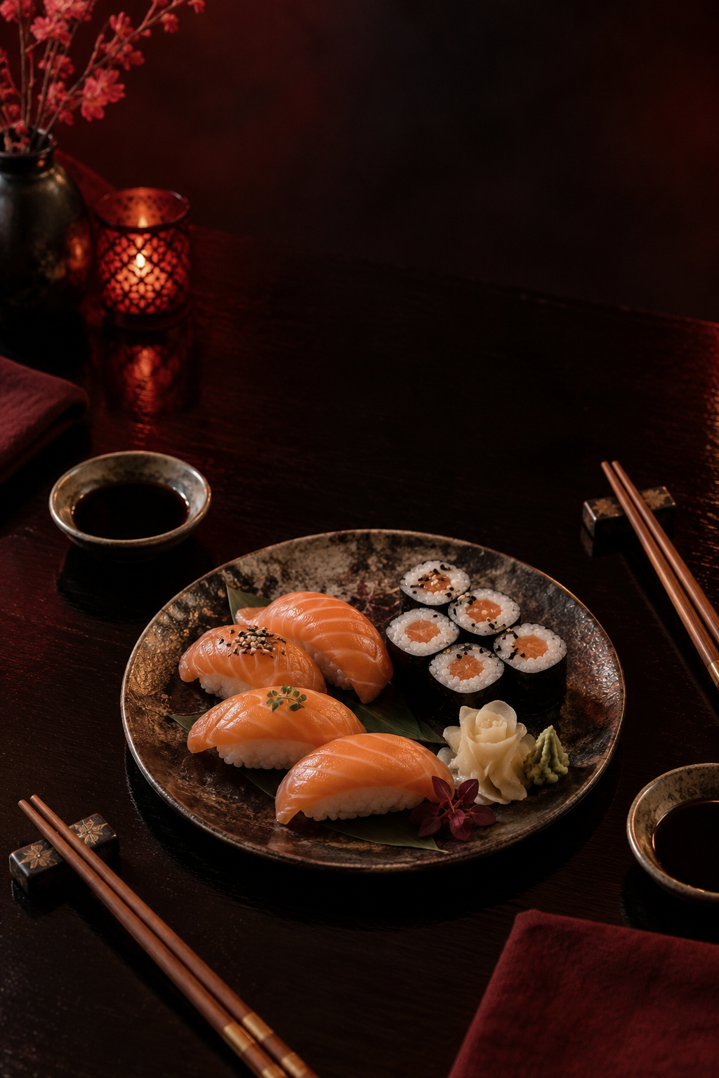 Assortiment de sushis dans une ambiance tamisée